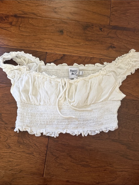 Princess Polly Tops - Princess Polly White Ruffled Off-Shoulder Smocked Crop Top